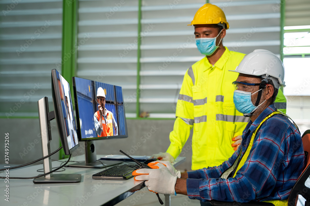 Poster warehouse workers talk on video call on computer with diverse colleagues,have online team briefing t