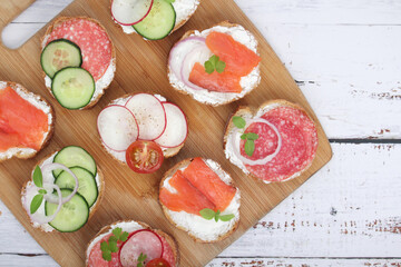 Top view on different sandwiches, flat lay	