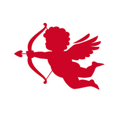 Obraz premium Red silhouette of Cupid aiming a bow and arrow. Valentines Day love symbol.Vector illustration isolated