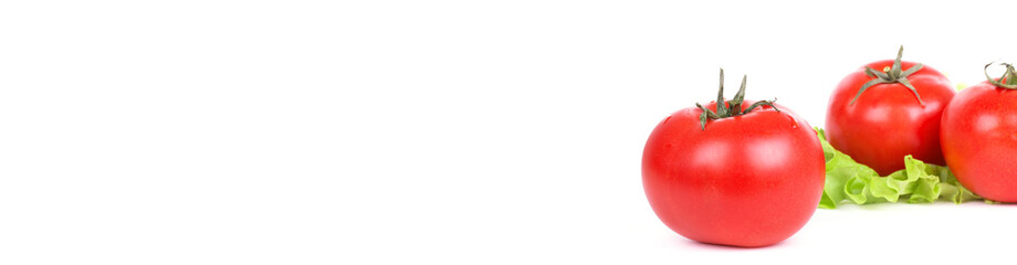 Tomato on salad leaf, closeup on white