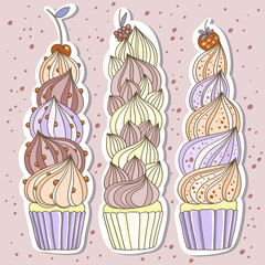 Three hand drawn vector tall cupcakes. Pastel colors cute food illustration. Use for birthday and wedding invitation, party arrangement, bakery display windows, menu design and other.