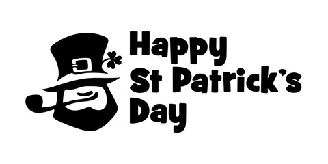 Happy Saint Patricks Day card with text and Leprechaun face icon with hat, pipe, and clover. Saint Patricks Day logo