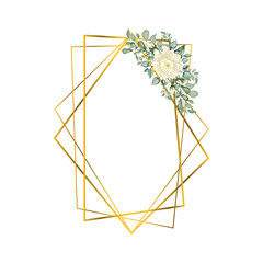 Frame golden crystal. Geometric crystal stone polyhedron mosaic shape. floral art deco style for wedding invitation cards, luxury templates, cover design, wedding logo