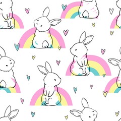 Seamless pattern cute rabbits with heart and rainbow print design for textiles vector illustration