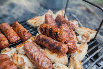 Grilled Meat , summer picnic , cooking food outdoor