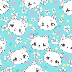 Seamless pattern cute cat and flowers on a blue background childish print textile vector