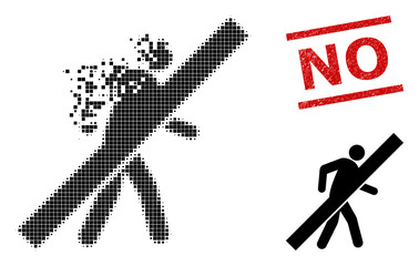 No walking man icon in sparkle, pixelated halftone style and No corroded stamp seal. Particles are grouped into vector disappearing no walking man symbol.