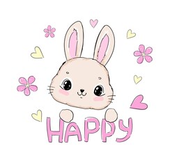 Hand drawn cute rabbit and heart with flowers and handwritten phrase happy isolated on white background vector illustration beautiful childish print