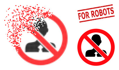 No clerk icon in sparkle, pixelated halftone style and For Robots textured stamp seal. Points are organized into vector disappearing no clerk form.