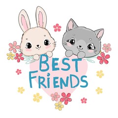 Hand drawn cute cat and rabbit and pink heart with daisy flowers, handwritten phrase best friends. vector illustration childish design print for baby textiles