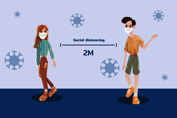 woman and man characters, wearing masks to prevent epidemic COVID-19,on a blue background.vector illustration.