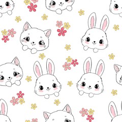 Seamless pattern hand drawn cute cat and bunny with daisy flowers vector illustration childish design print for baby textiles and background