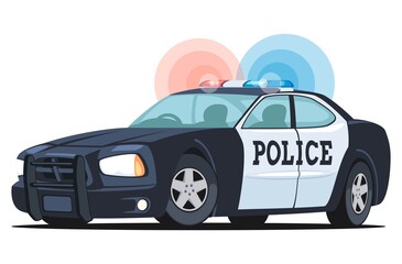 Isolated, detailed three-dimensional image of patrol car, vehicle with emergency lights system, the main device of police officers, in cartoon style. Side front view. Vector illustration