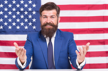 Man american presenter anchorman in studio, public speech concept