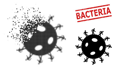 Human virus icon in fractured, pixelated halftone style and Bacteria grunge stamp imitation. Particles are composed into vector dissipated human virus symbol.