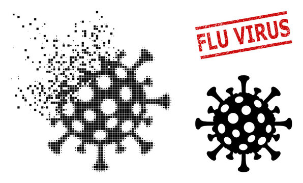 Flu Virus Icon In Sparkle, Dotted Halftone Style And Flu Virus Corroded Stamp. Pieces Are Arranged Into Vector Disappearing Flu Virus Icon. Stamp Seal Includes Flu Virus Tag Between Parallel Lines.