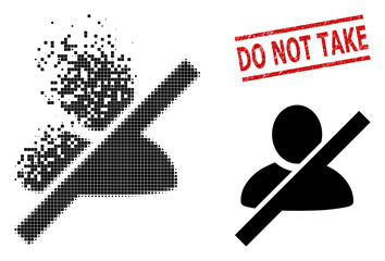 Not allowed man icon in dispersed, pixelated halftone style and Do Not Take textured watermark. Particles are composed into vector dissolving not allowed man icon.