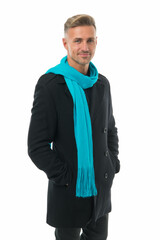 Fototapeta premium trendy guy in autumn coat and scarf isolated on white, style