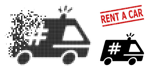 Jail police car icon in dissolved, dotted halftone style and Rent a Car grunge seal. Cells are arranged into vector dissipated jail police car form.