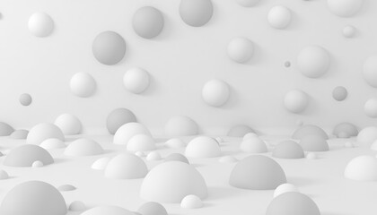 Abstract white spheres on white backdrop wall. 3D render	
