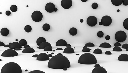 Abstract black spheres on white backdrop wall. 3D render