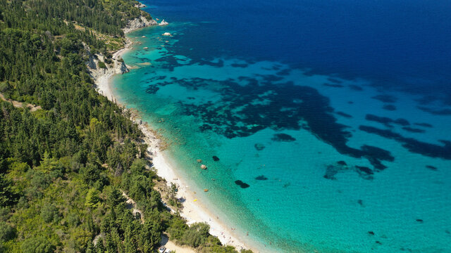 Aerial drone photo of beautiful paradise beach of Afales and white beach in beautiful Ionian island of Ithaki or Ithaca, Greece