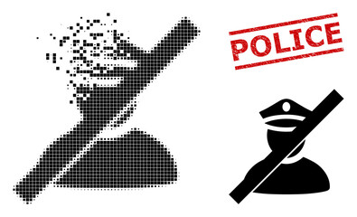 Not allowed police icon in dispersed, pixelated halftone style and Police unclean stamp print. Particles are arranged into vector dissolving not allowed police form.