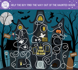 Halloween maze for children. Autumn preschool printable educational activity. Funny day of the dead game or puzzle with spooky scene. Help the boy find the way out of the haunted house .