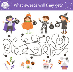 Halloween maze for children. Autumn preschool printable educational activity with kids in costumes. Funny day of the dead game or puzzle with trick or treat scene. What sweets will the children get .