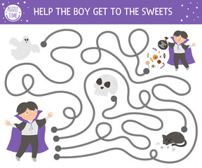 Halloween maze for children. Autumn preschool printable educational activity. Funny day of the dead game or puzzle with kid dressed as a vampire, ghost, scull. Help the boy get to the sweets .