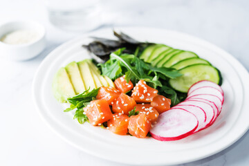 Salmon cucumber avocado Poke bowl