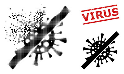 No contagious virus icon in dispersed, pixelated halftone style and Virus grunge stamp print. Particles are combined into vector dissipated no contagious virus pictogram.