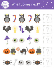What comes next. Halloween matching activity for preschool children with traditional holiday symbols. Funny educational puzzle. Logical quiz worksheet. Continue the row. Simple autumn game for kids.
