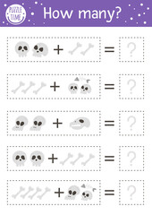 Halloween counting game with sculls and bones. Autumn activity for preschool children. Educational printable math worksheet with scary elements for kids.