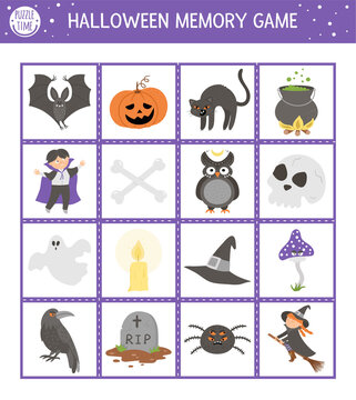 Halloween memory game cards with traditional holiday symbols. Matching activity with funny characters. Remember and find correct picture card. Simple autumn printable worksheet for kids. .