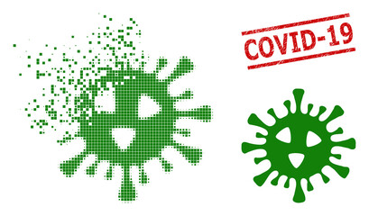 Covid-19 virus icon in dissolved, pixelated halftone style and Covid-19 dirty stamp imitation. Particles are composed into vector dissipated covid-19 virus icon.