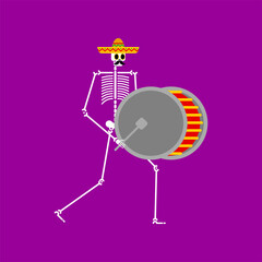 Drummer Skeleton and big drum. Dead man with musical instrument. Dead music band. Skull in sombrero. Day of dead in mexico.
