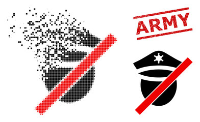 Closed police icon in dissolved, pixelated halftone style and Army rubber stamp. Fragments are organized into vector dissolving closed police icon. Stamp includes Army title between parallel lines.