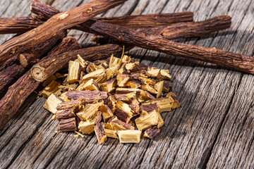 licorice root, on the wooden table