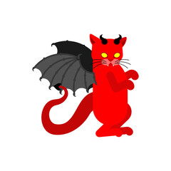 Devil cat. Satan pet. Red demon animal. vector illustration