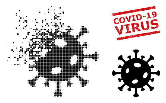 Covid Virus Icon In Sparkle, Pixelated Halftone Style And Covid-19 Virus Dirty Stamp Seal. Particles Are Organized Into Vector Dissipated Covid Virus Shape.