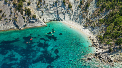 Fototapeta na wymiar Aerial drone photo of beautiful paradise beach of Afales and white beach in beautiful Ionian island of Ithaki or Ithaca, Greece