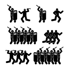 Riot police and protesters icon set. Sign Street protests. Preventing overthrow of state power. Demonstration, protesting symbol