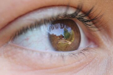brown eye closeup of eyeball background with olive skin 