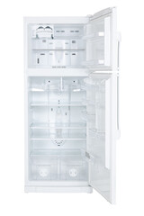 Open an empty mini fridge Refrigerator Isolated on White Background. Modern Kitchen and Domestic Major Appliances.