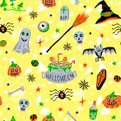 Seamless halloween pattern with pumpkins, bats and ghosts