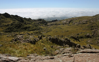 View of the yellow meadow and valley from the mountaintop, over the clouds. 