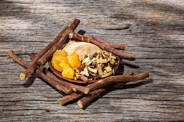 licorice powder and resin, on the table