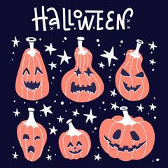 Happy Halloween. White handwritten lettering with grunge orange pumpkin with doodle stars on black background. Vector stock illustration.