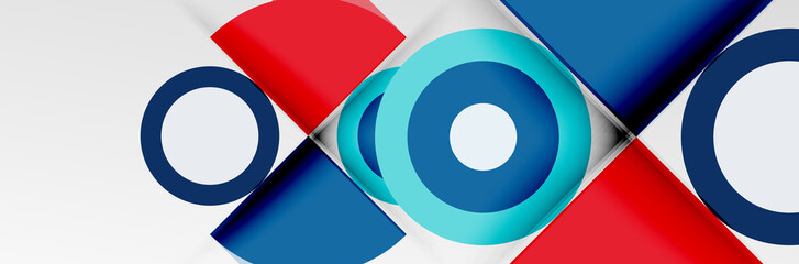 Bright color circles, abstract round shapes and triangles composition with shadow effects. Vector modern geometric design template